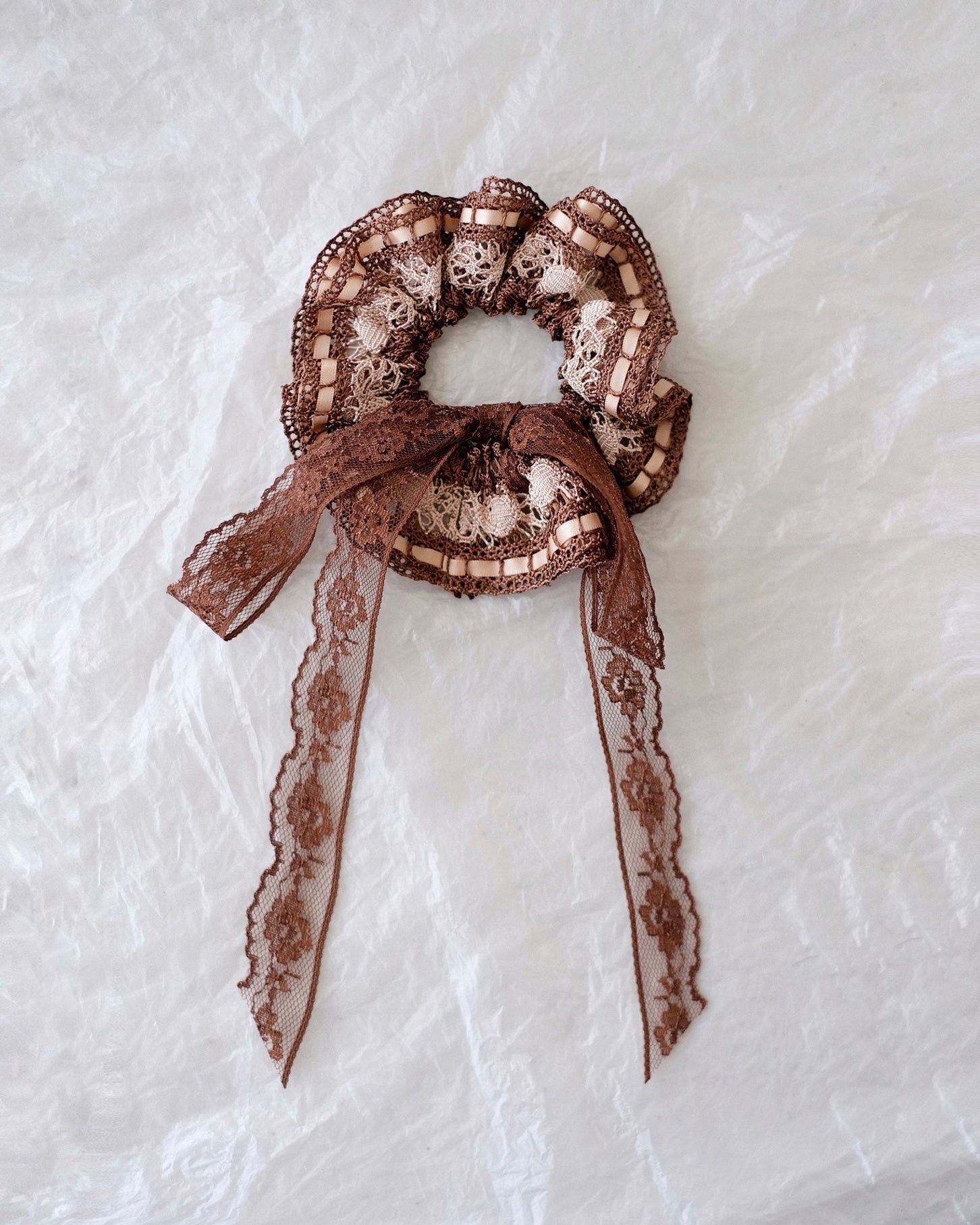 Merrma Lace Ribbon Scrunchie in Brown and Cream