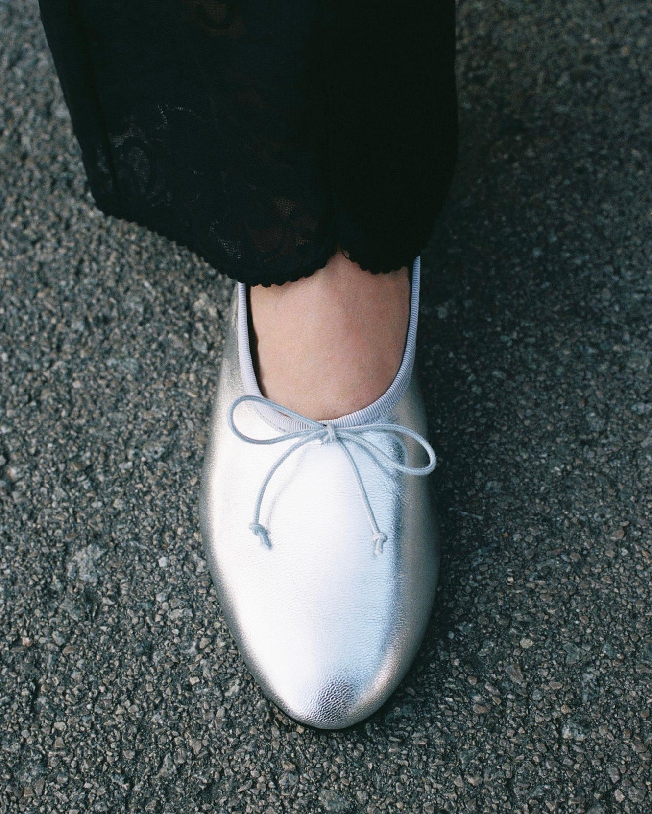 Mila Ballet Flat in Silver Leather on Model