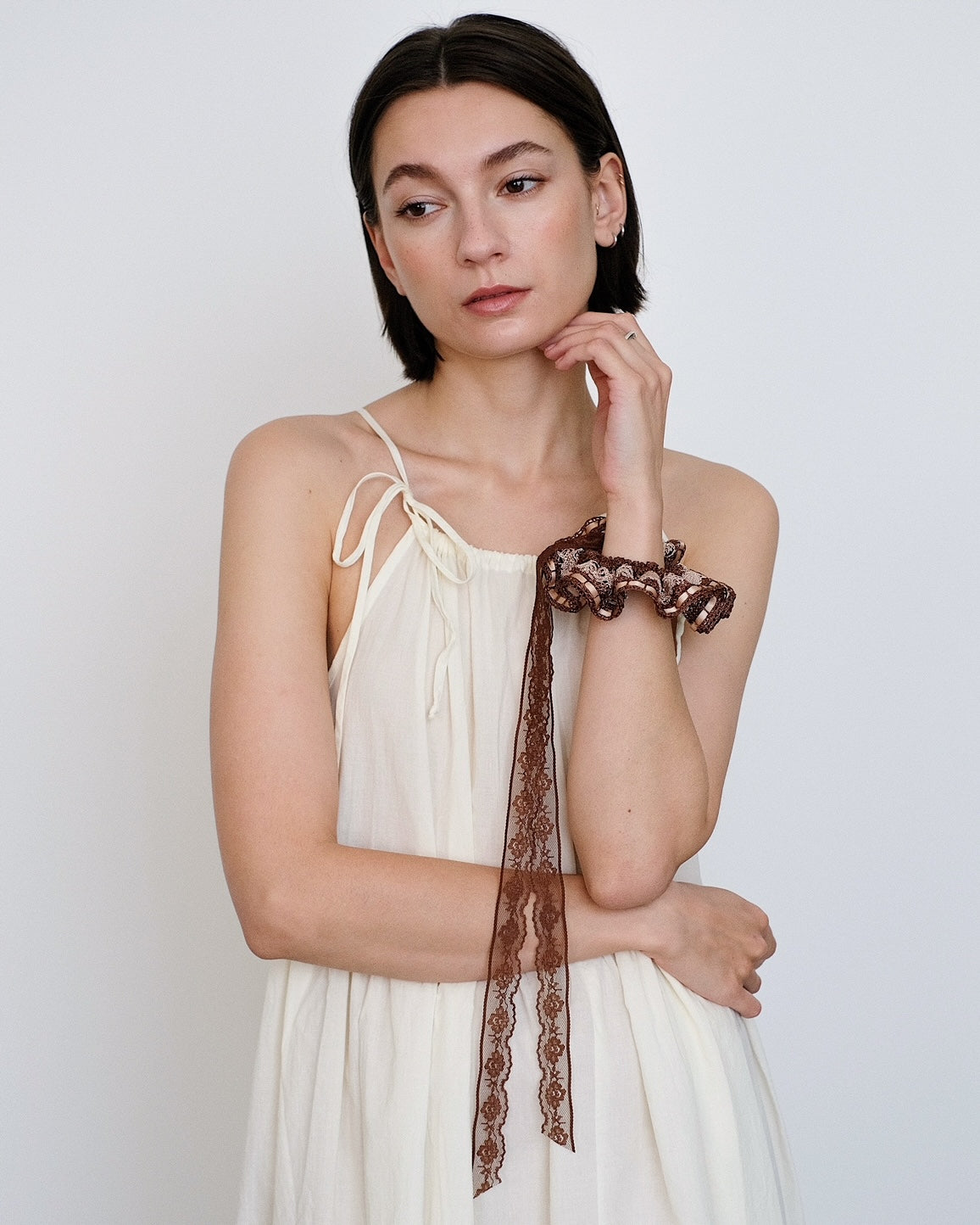 Merrma Lace Ribbon Scrunchie in Brown and Cream