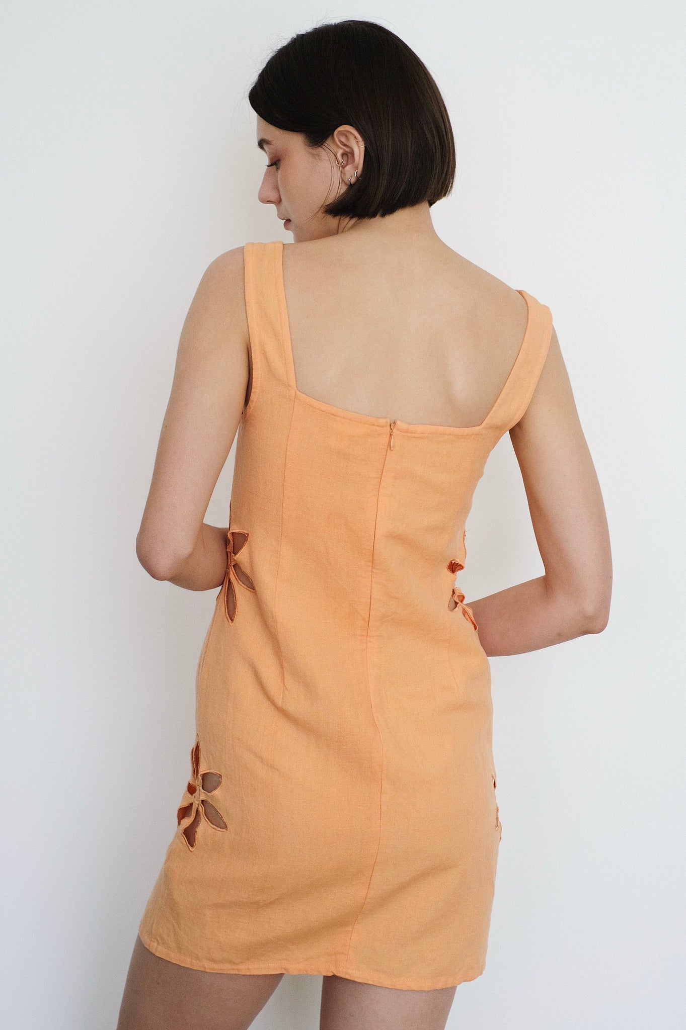 Tach Afrodita Mini Dress in Light Orange Linen with Floral Cutouts