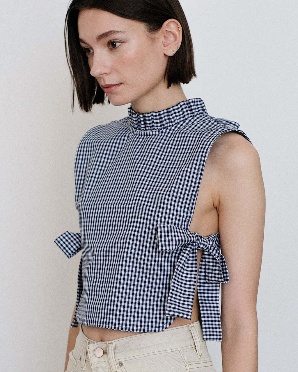 Toit Volant Navy and White Gingham Georgina Side Tie Vest