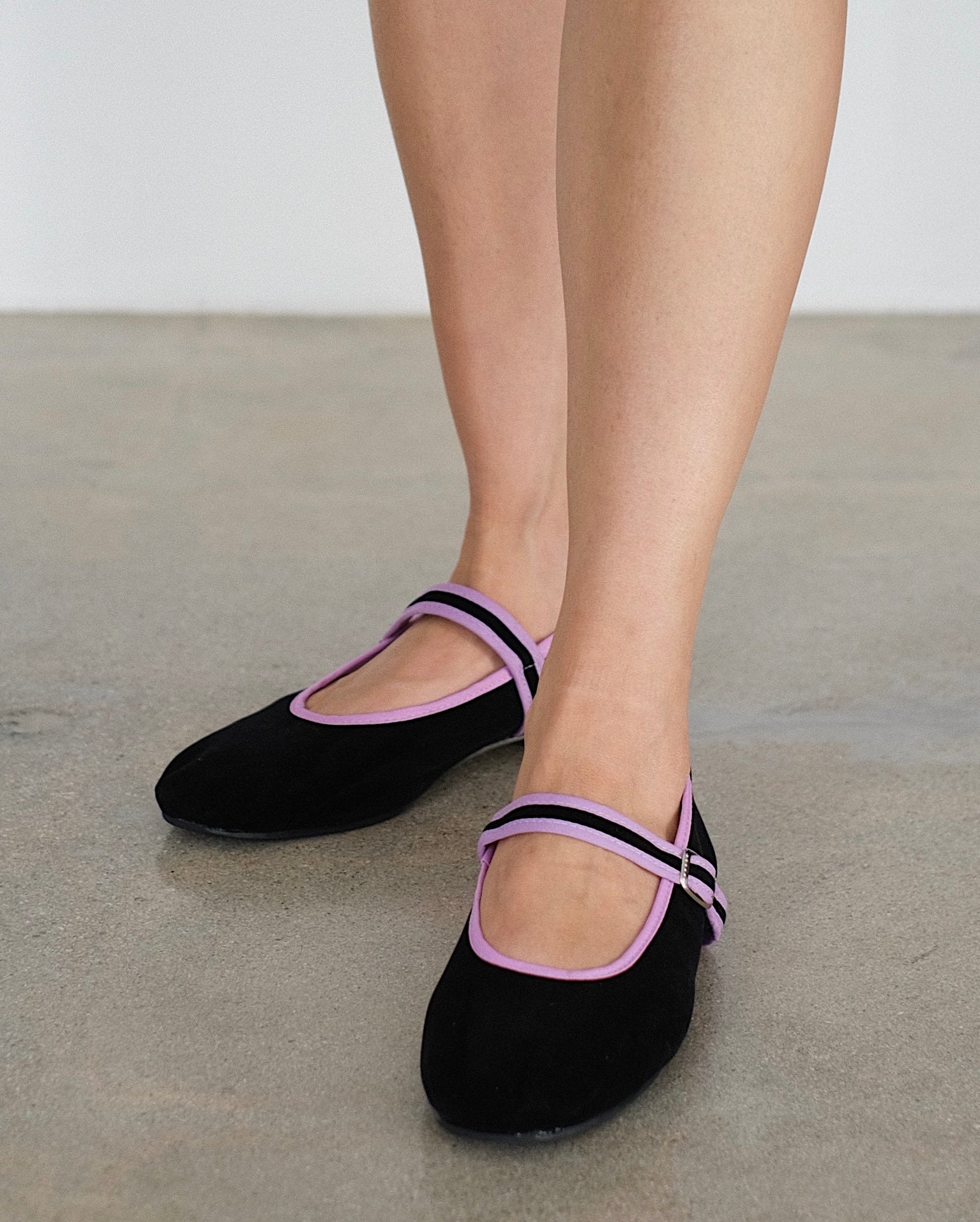 Wax Apple Mary Jane Flat in Black Velvet with Lilac Trim