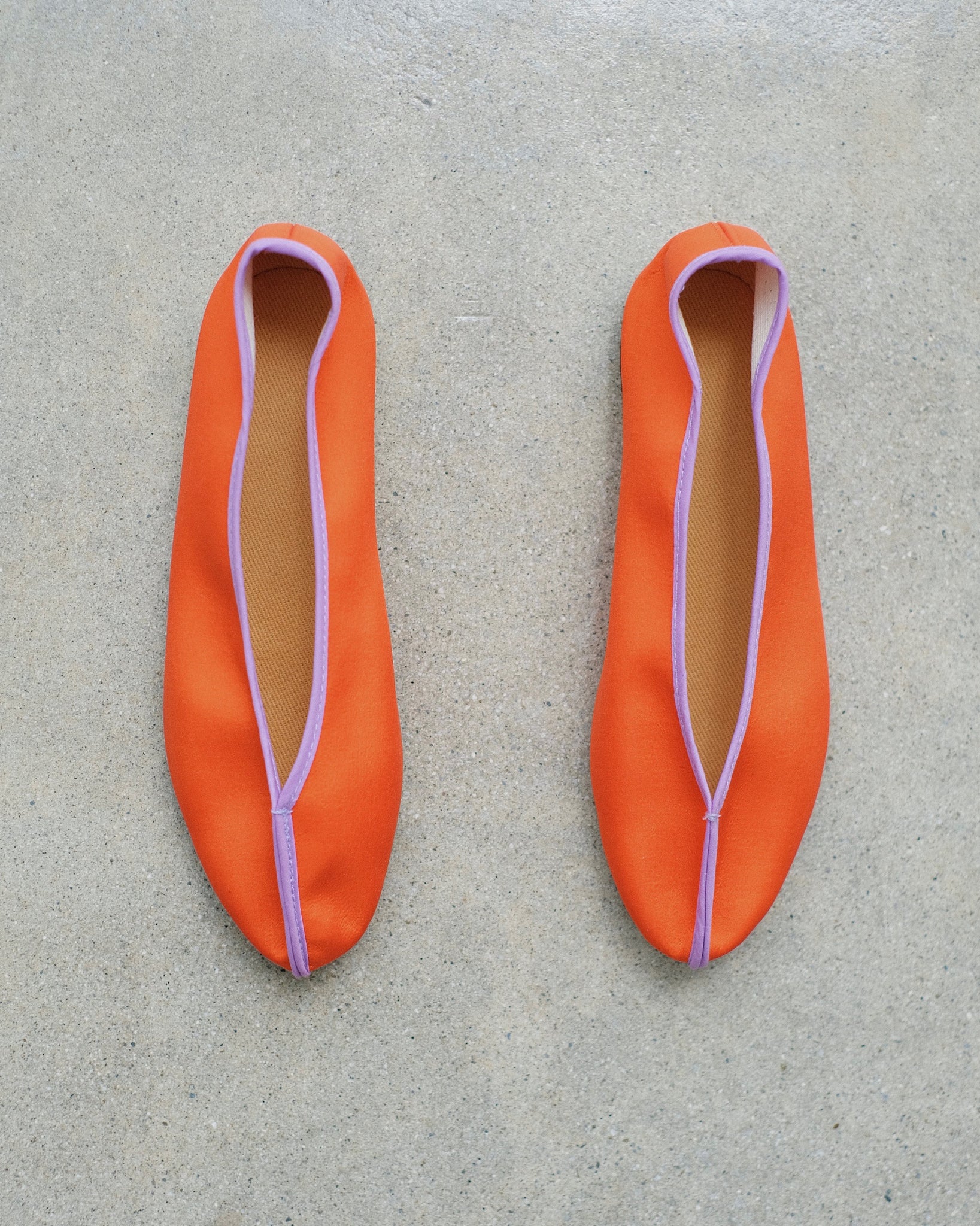 Wax Apple Theater Shoe in Orange Satin with Lilac Piping