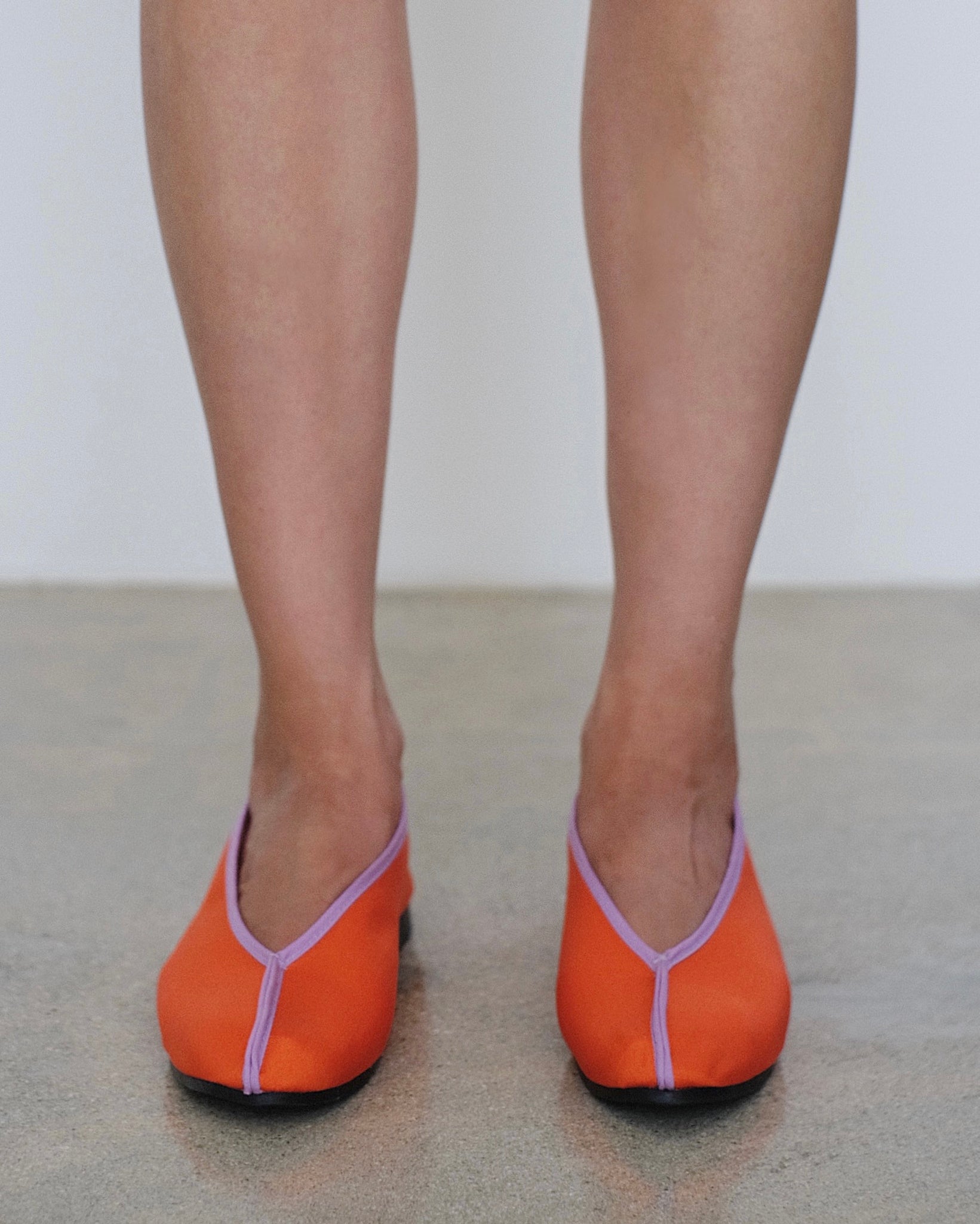 Wax Apple Theater Shoe in Orange Satin with Lilac Piping