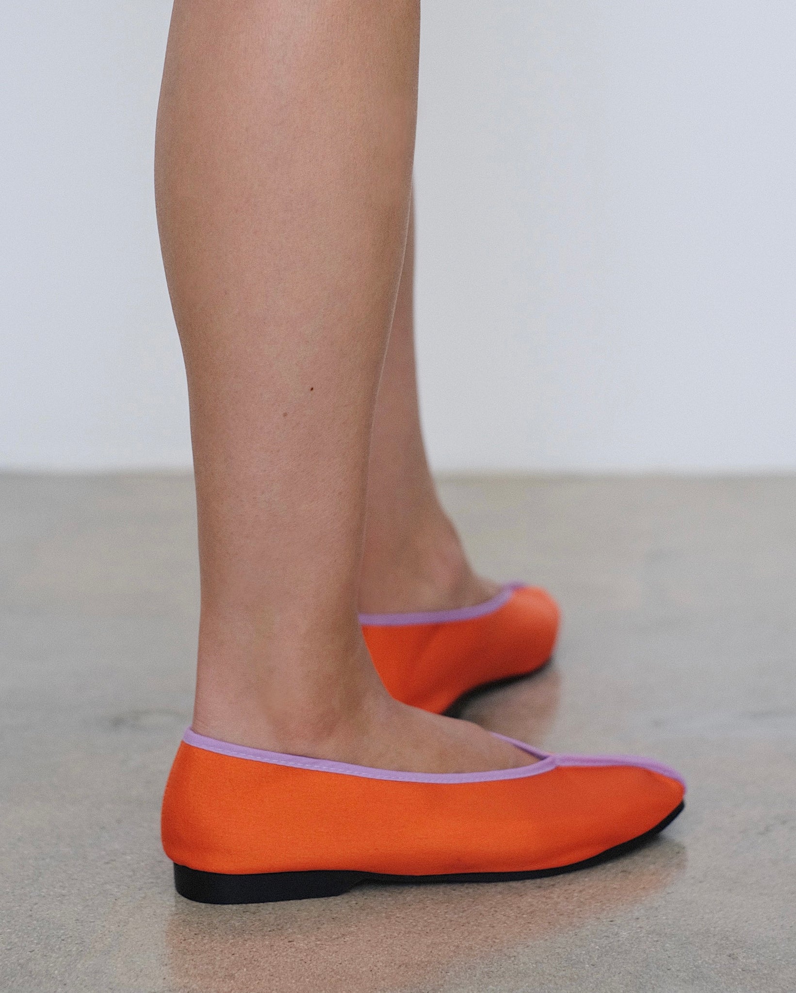 Wax Apple Theater Shoe in Orange Satin with Lilac Piping