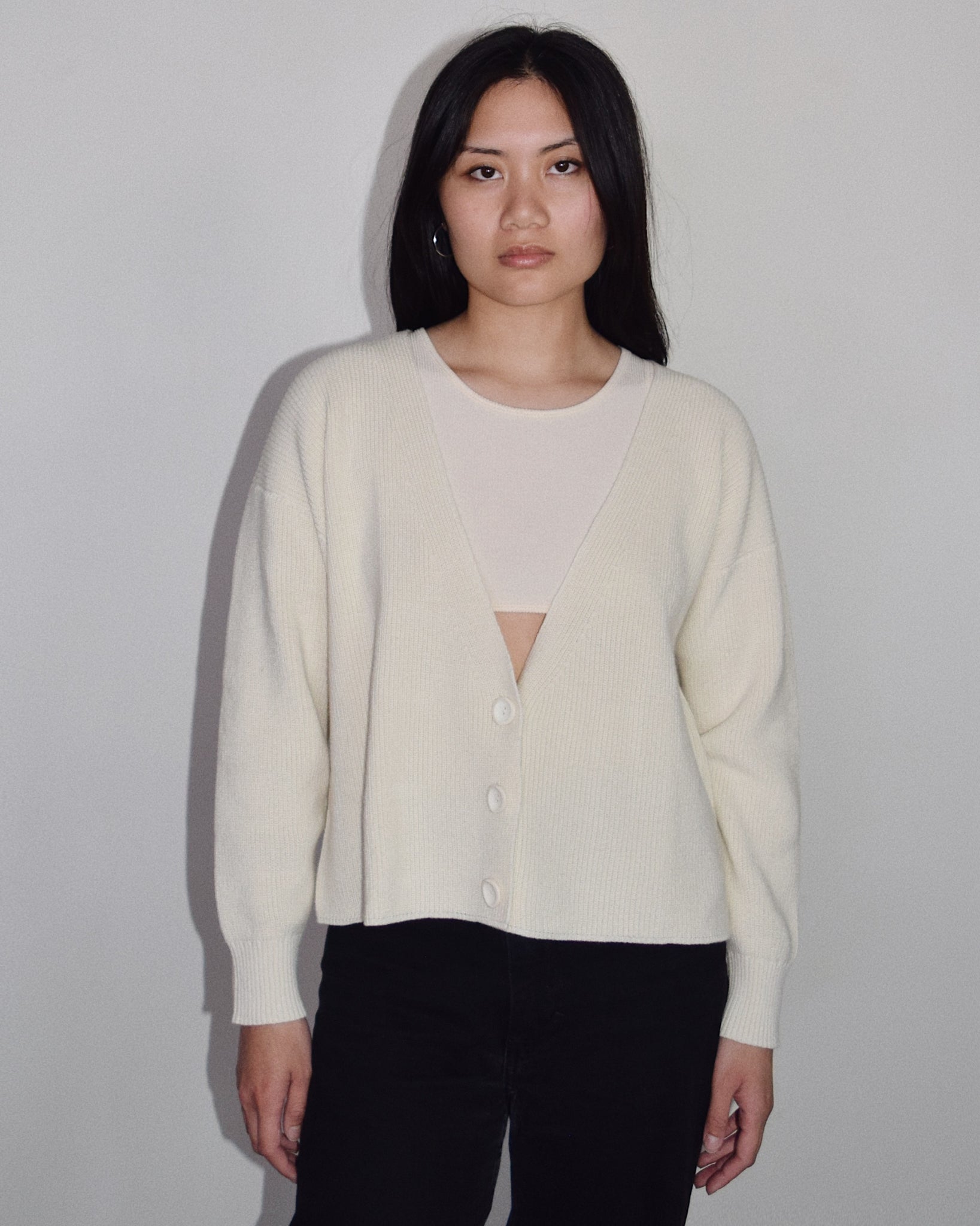 Ali Golden Ribbed Cotton Cardigan in Ecru 