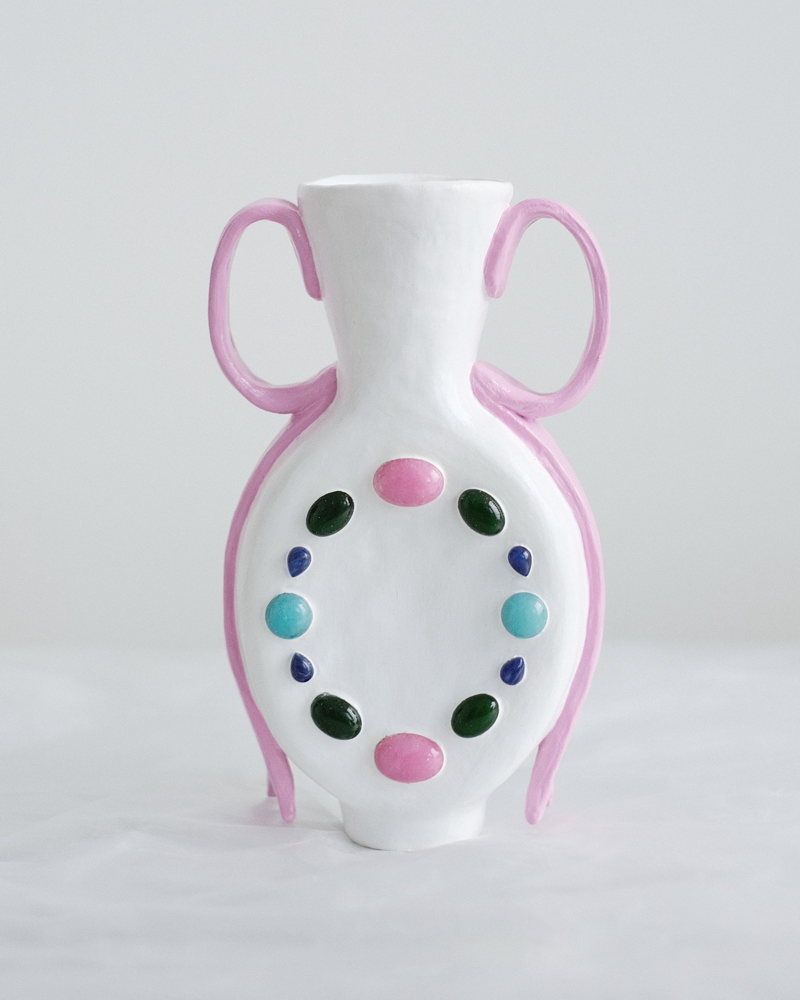 All Kinds Gemstone Vase with Gem Colored Cabochons and Pink Ribbon Handles