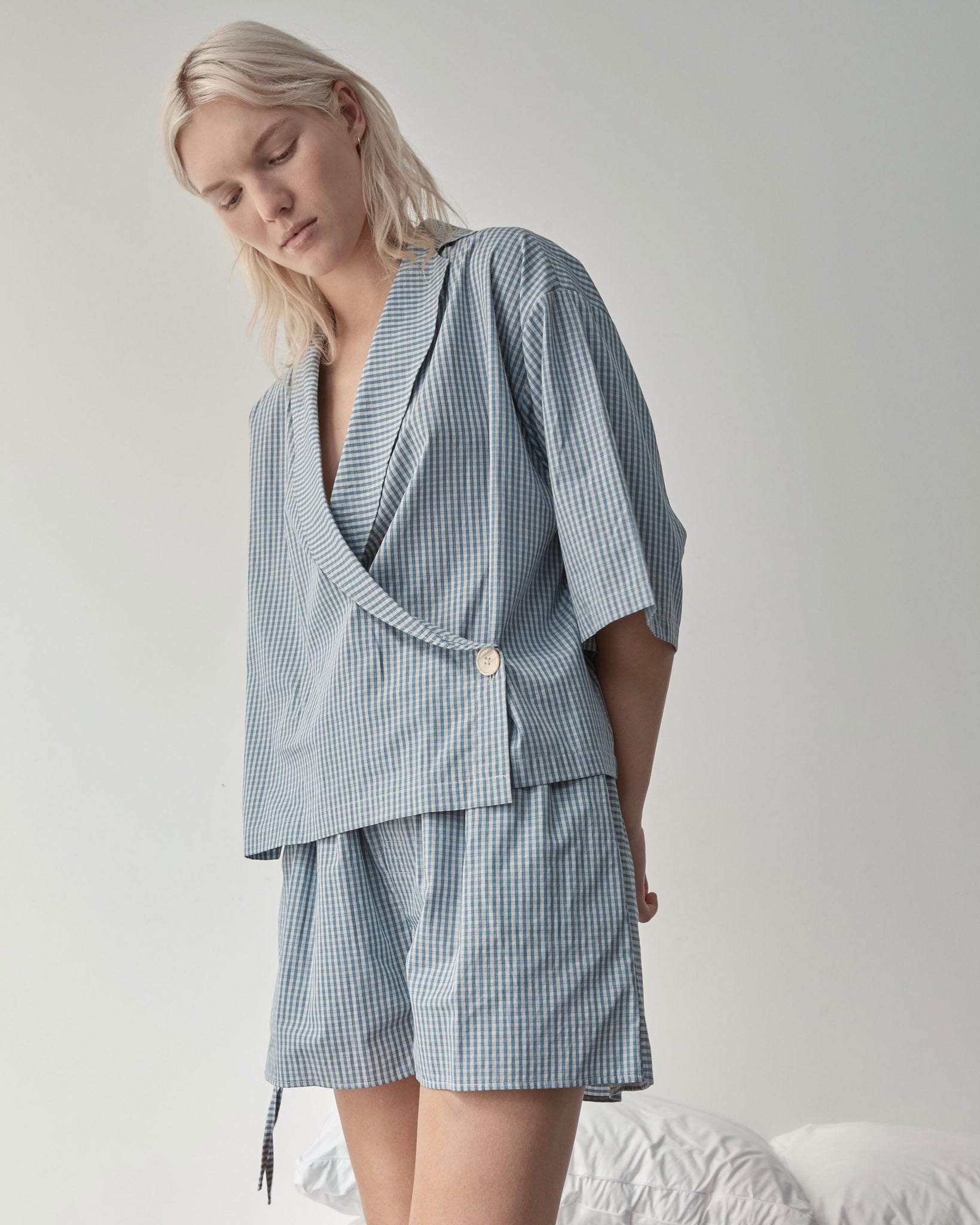 Deiji Studios Asymmetric Short Set in Blue Check Organic Linen 