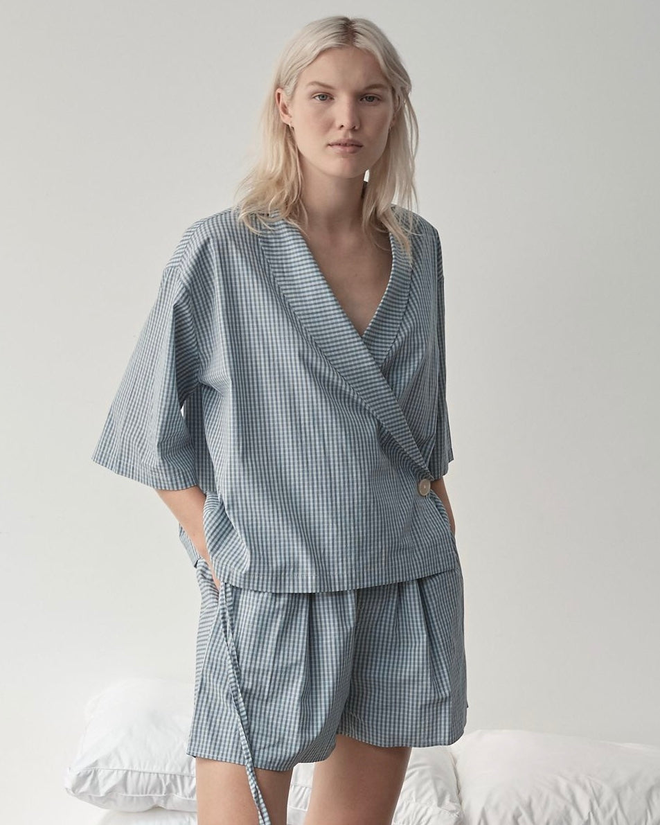 Deiji Studios Asymmetric Short Set in Blue Check Organic Linen 