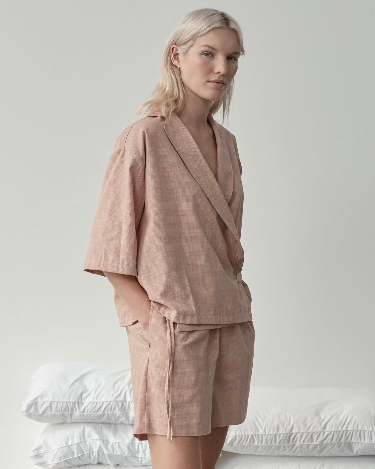 Deiji Asymmetric Organic Linen Short Set in Mandarin Check 