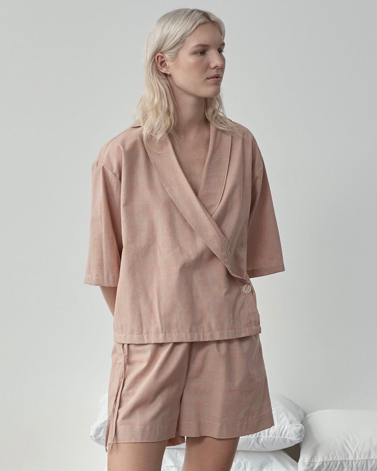 Deiji Asymmetric Organic Linen Short Set in Mandarin Check 