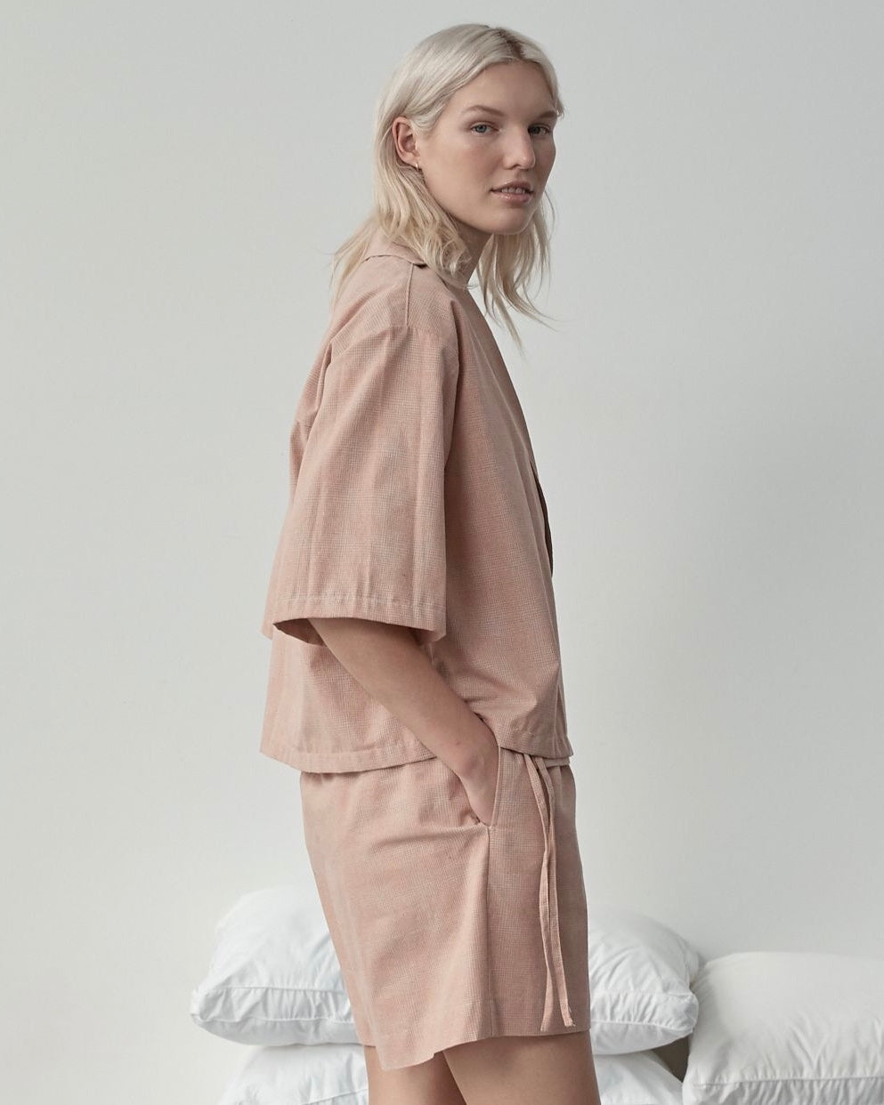 Deiji Asymmetric Organic Linen Short Set in Mandarin Check 