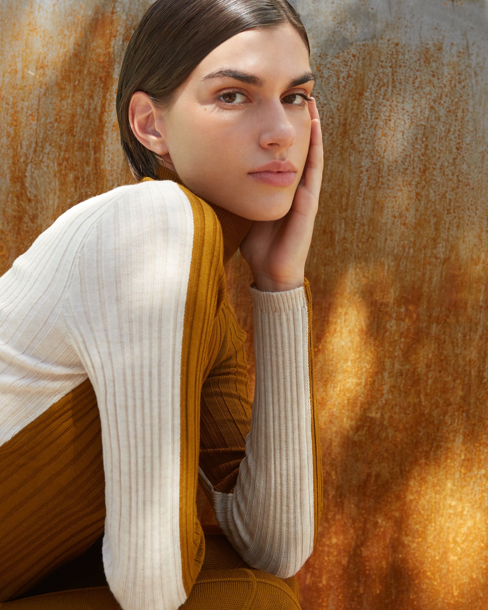Diarte Dibidivi Ribbed, Double-Sided Turtleneck Top in Ochre