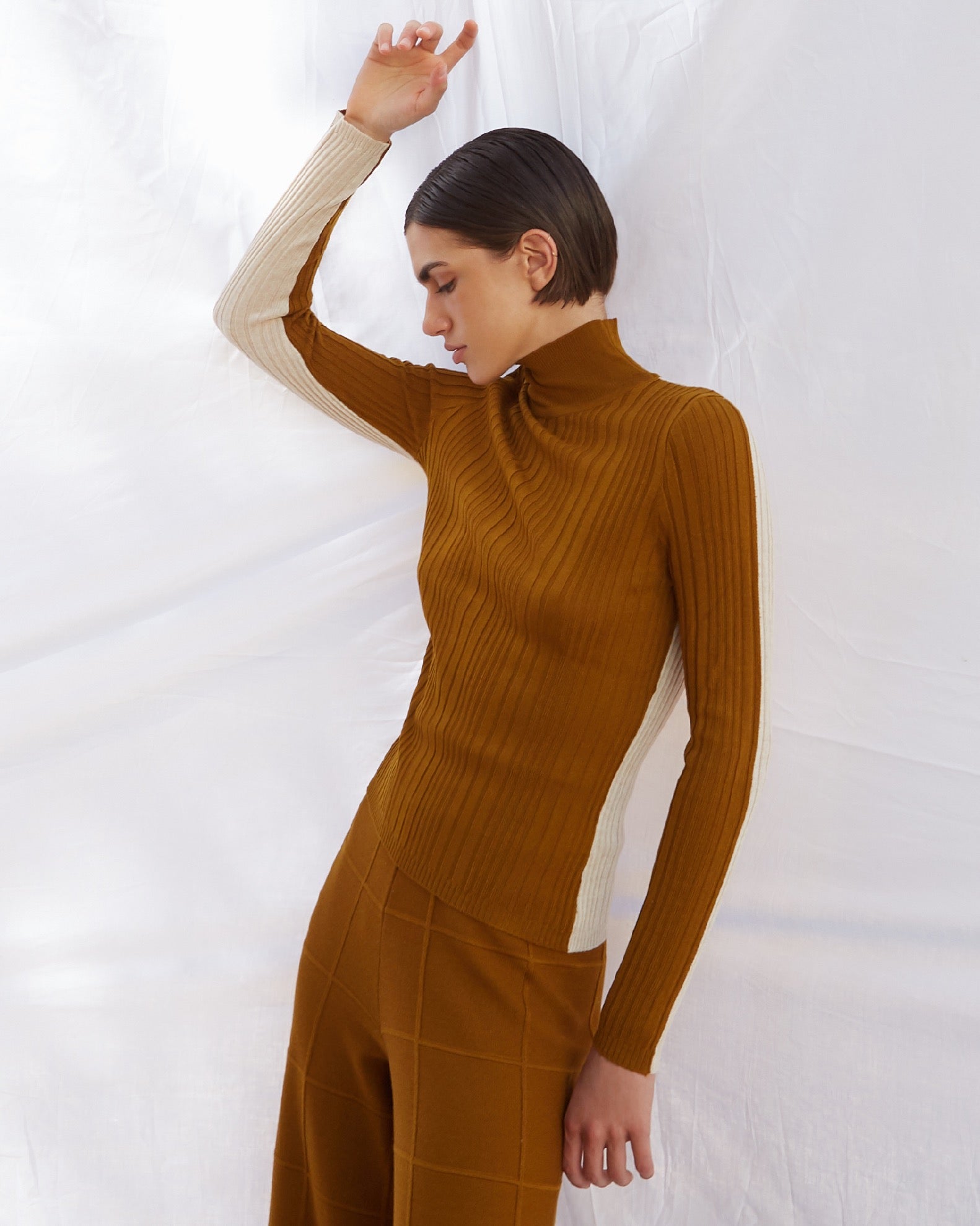 Diarte Dibidivi Ribbed, Double-Sided Turtleneck Top in Ochre