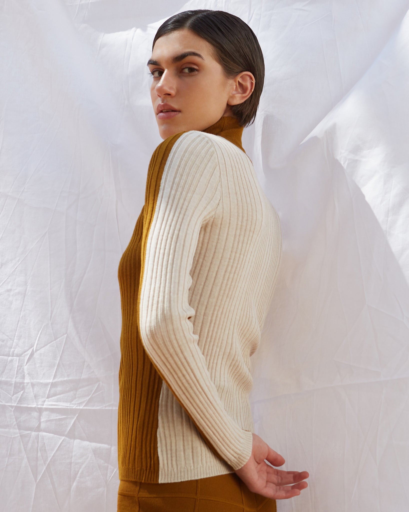 Diarte Dibidivi Ribbed, Double-Sided Turtleneck Top in Ochre