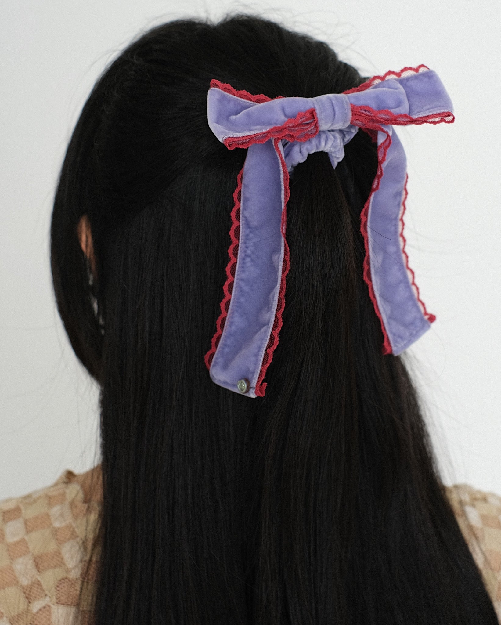 Merrma Velvet Bow Scrunchie in Purple with Red Lace Trim