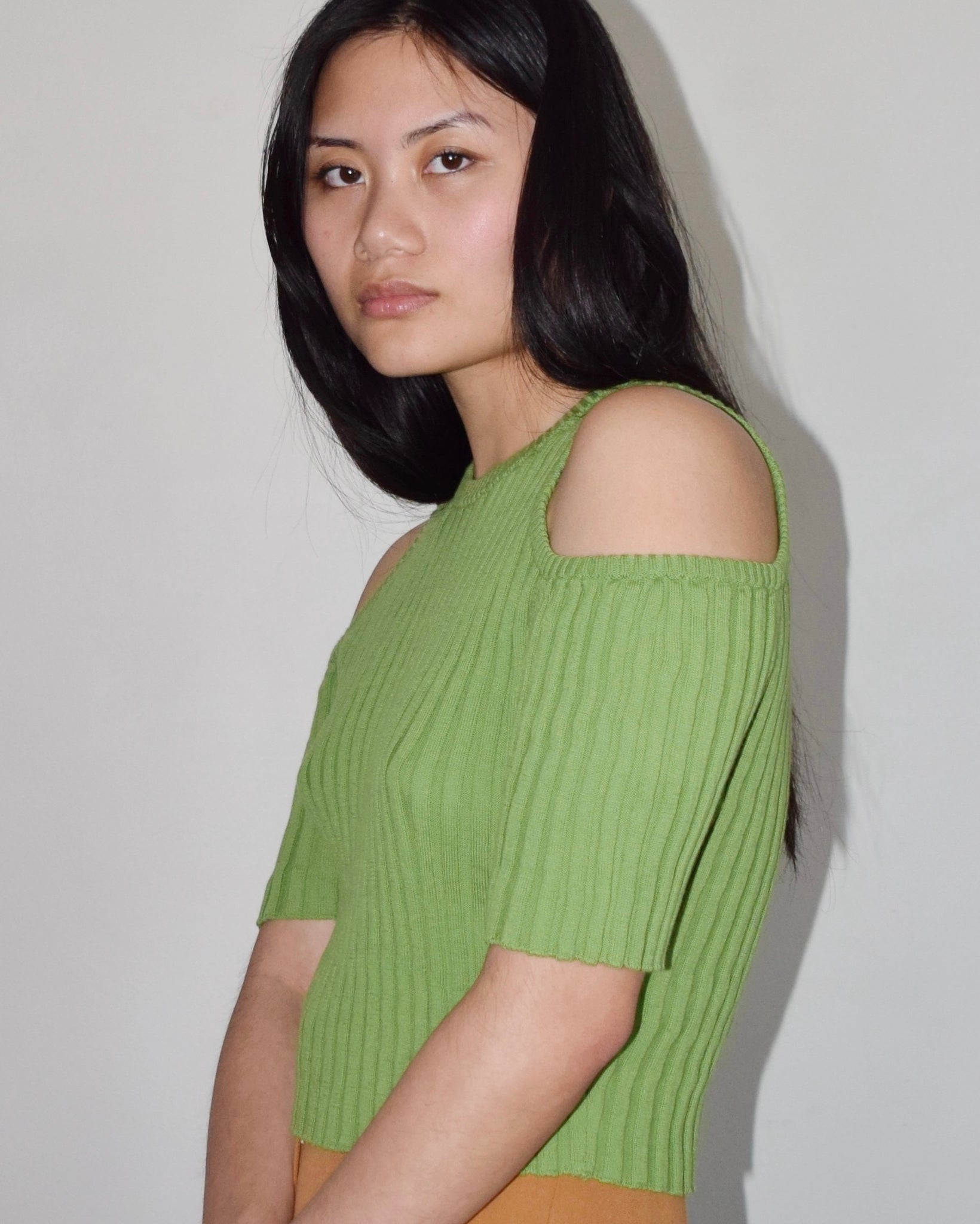 Mundaka Shoulder Cut Out Ribbed Knit Top in Green