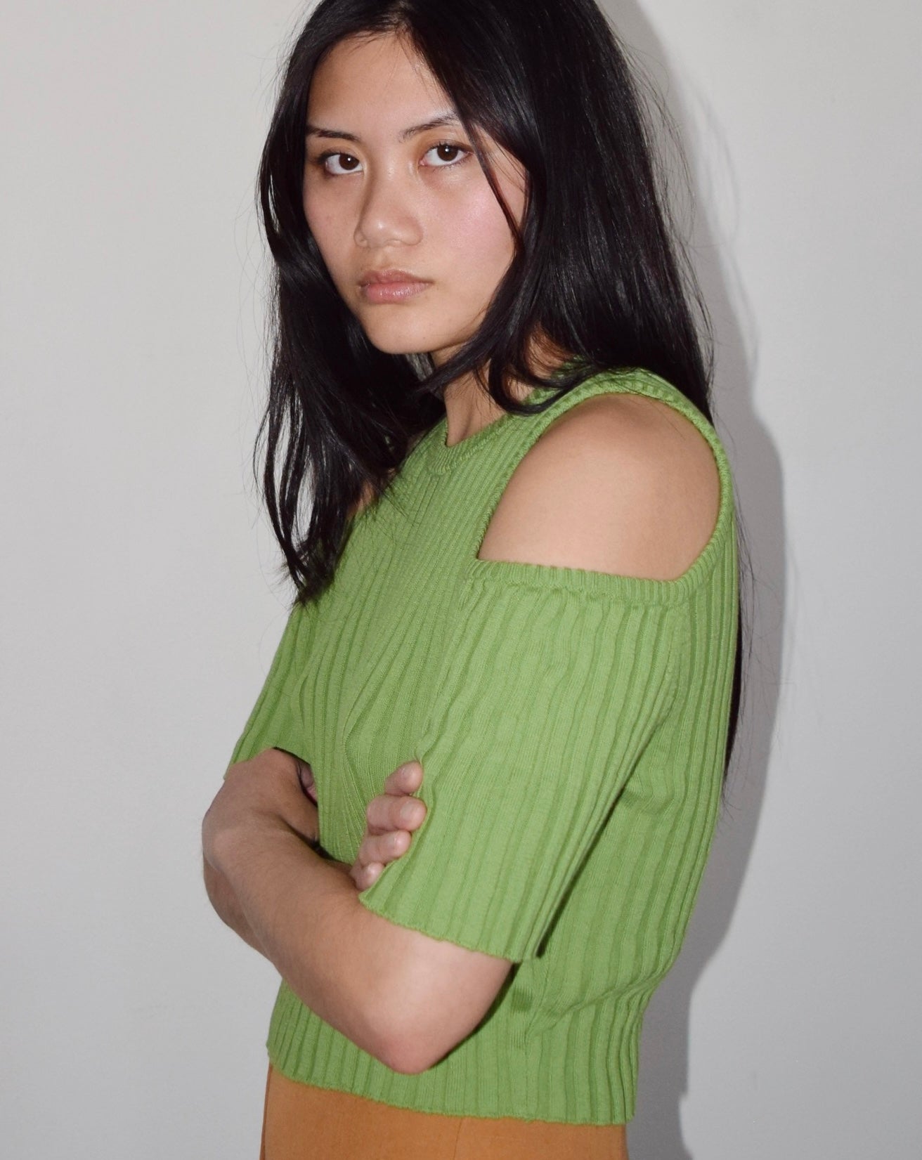 Mundaka Shoulder Cut Out Ribbed Knit Top in Green