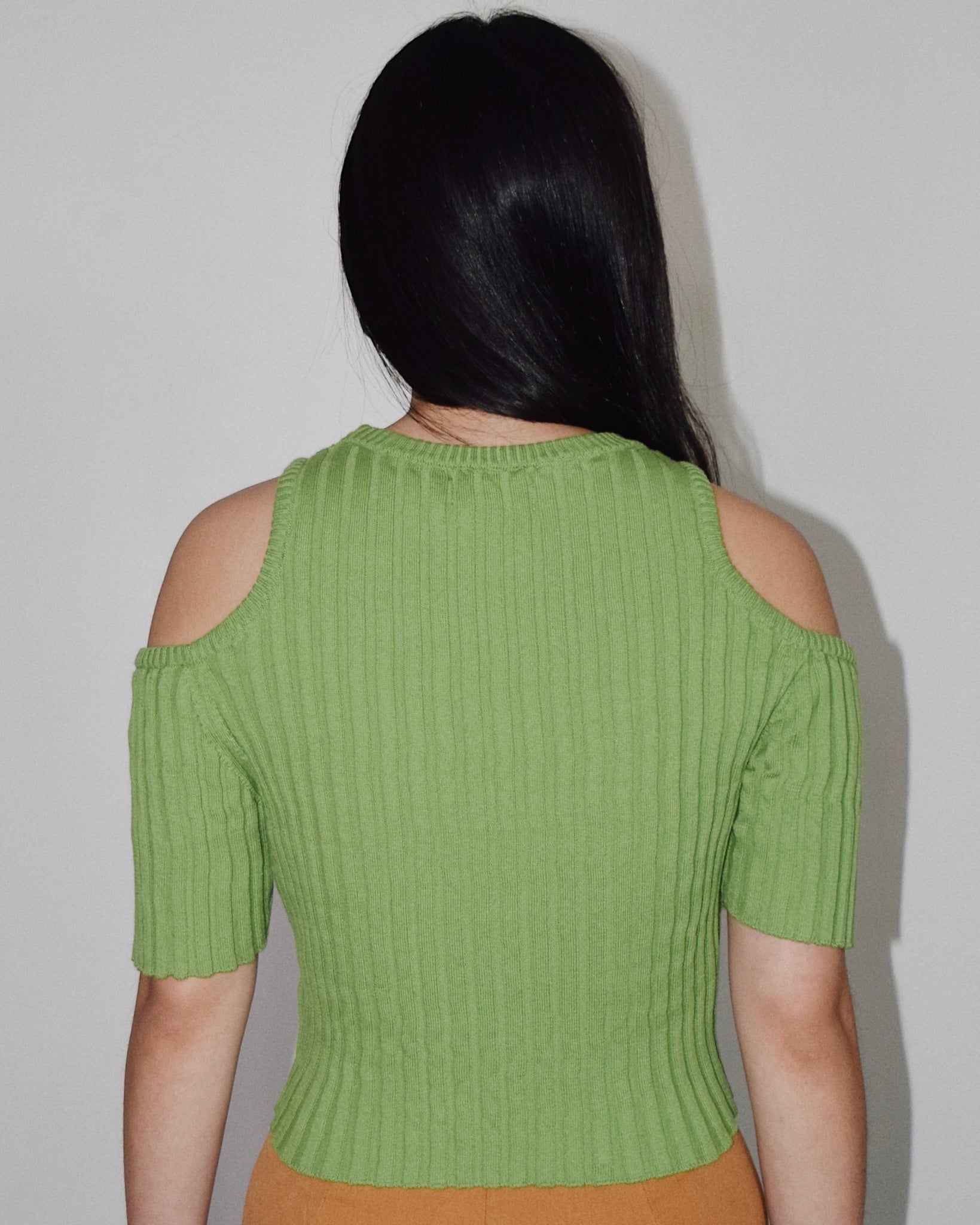 Mundaka Shoulder Cut Out Ribbed Knit Top in Green