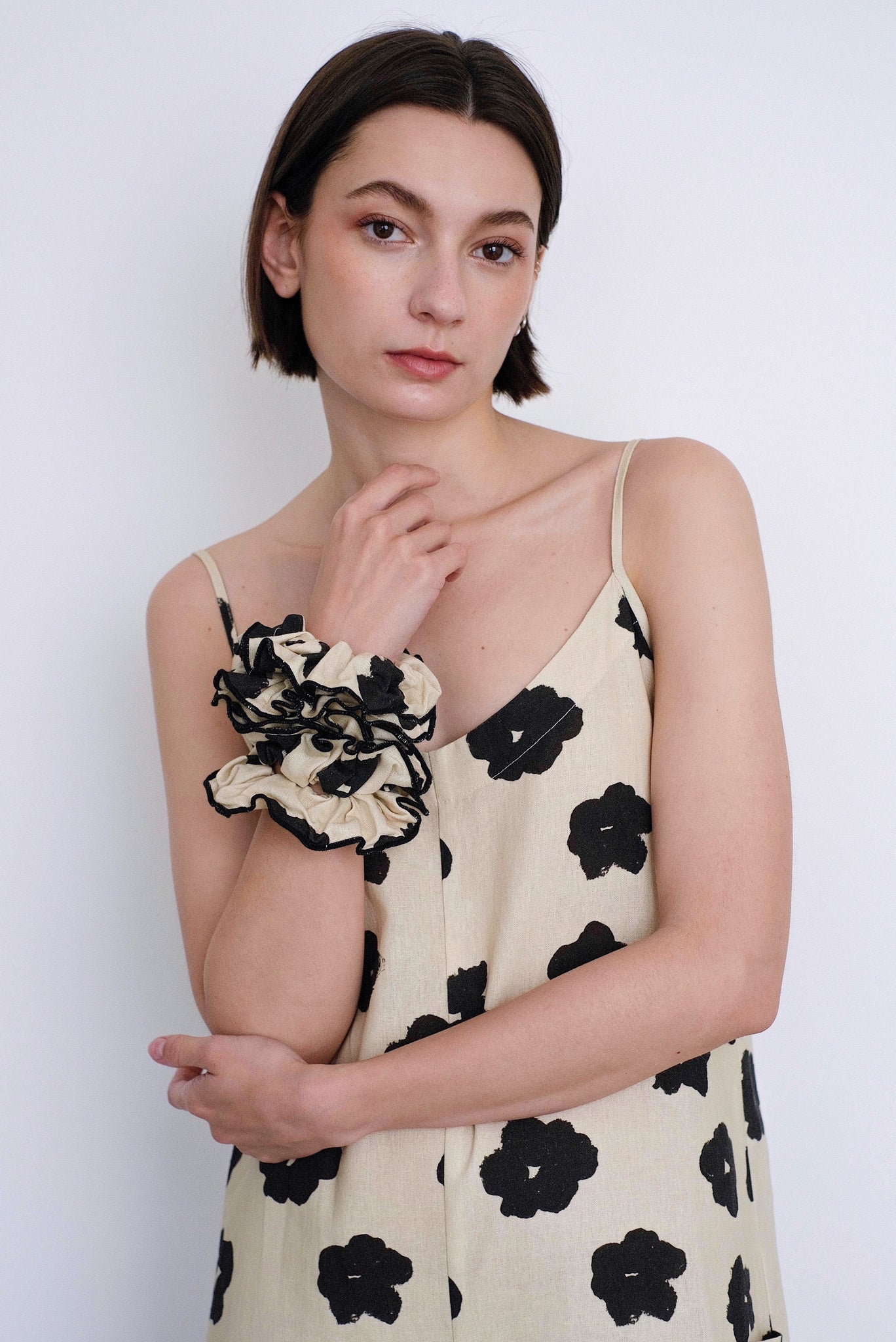 Rita Row Victoria Scrunchie in Black and Cream Floral Print