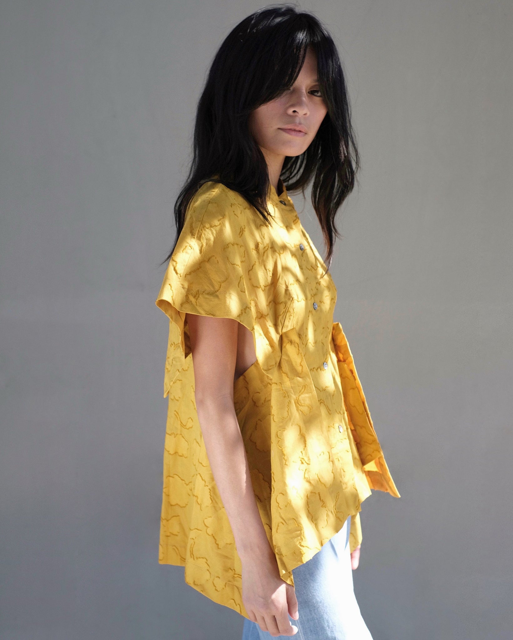 Shirt Number White Yellow Button Down Top in Sakura Floral Jacquard