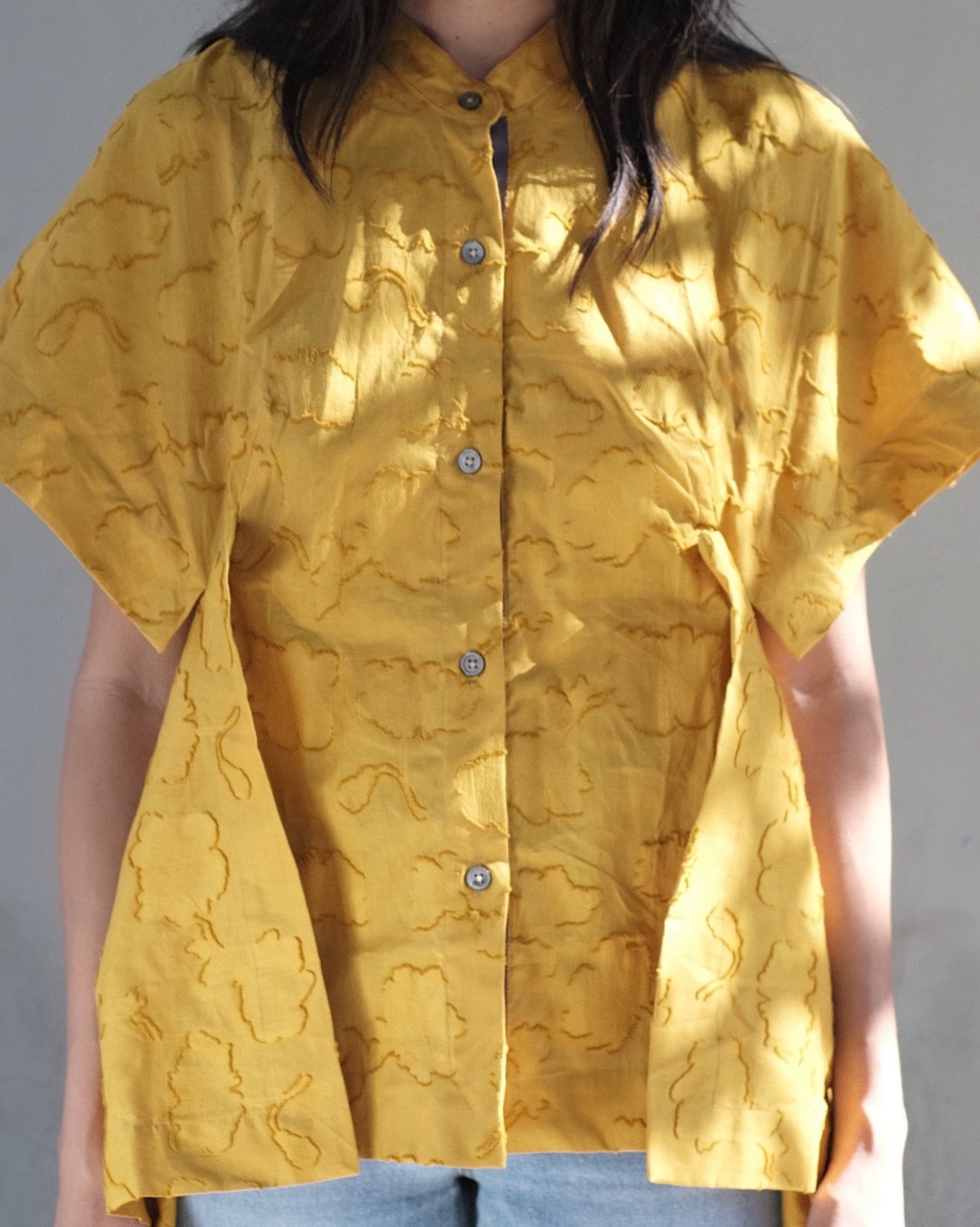 Shirt Number White Yellow Button Down Top in Sakura Floral Jacquard