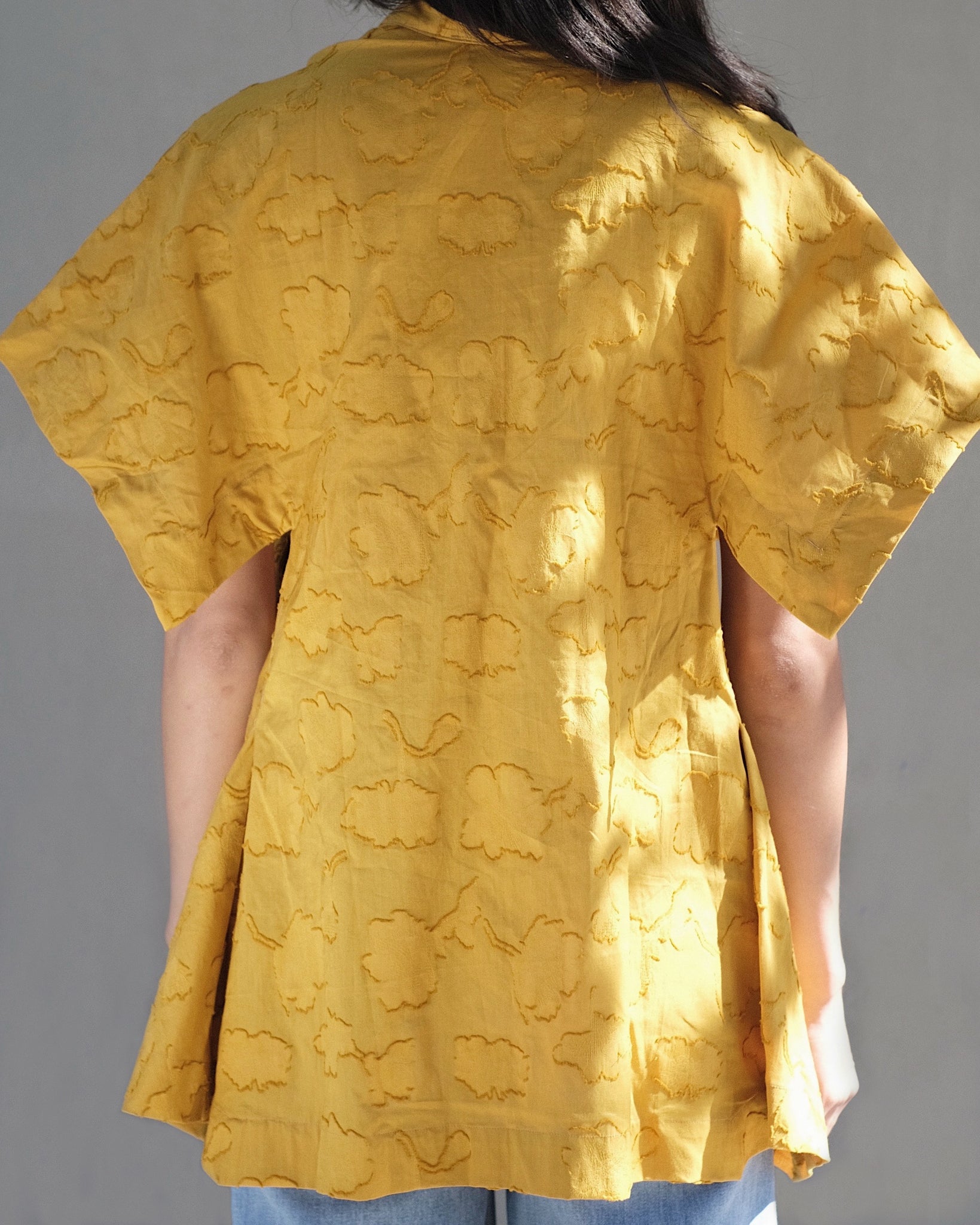 Shirt Number White Yellow Button Down Top in Sakura Floral Jacquard