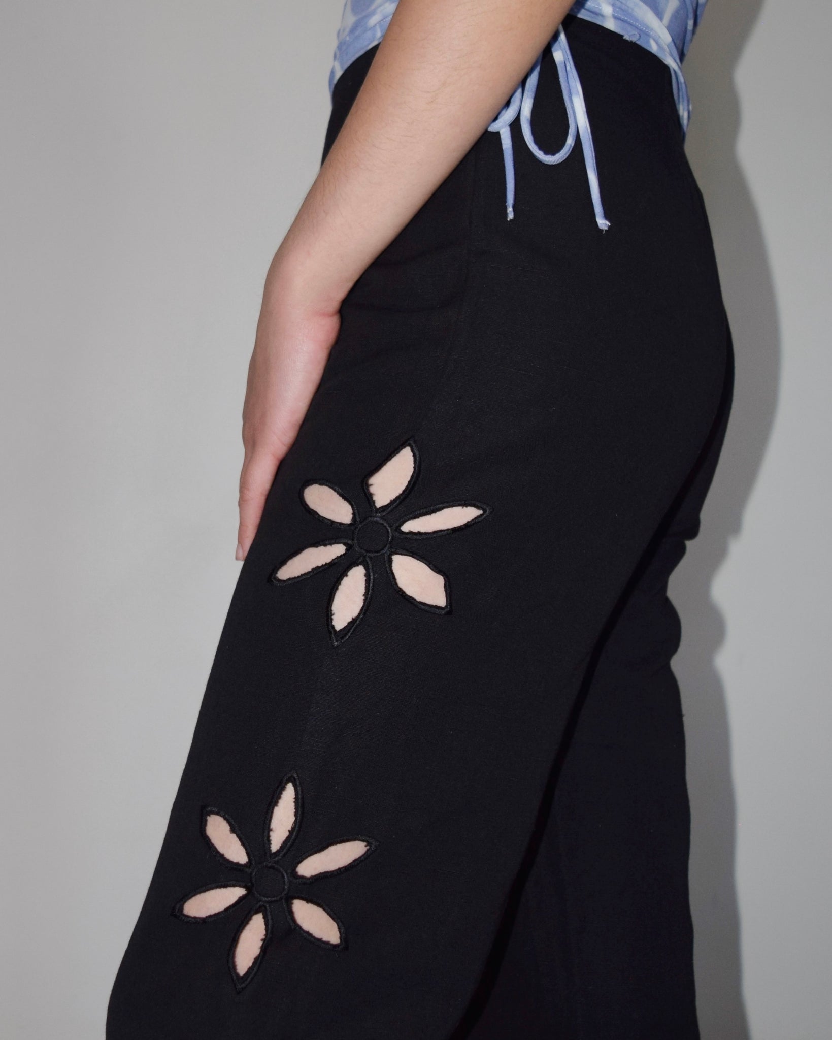 Tach Floral Cutout Pant in Black Linen