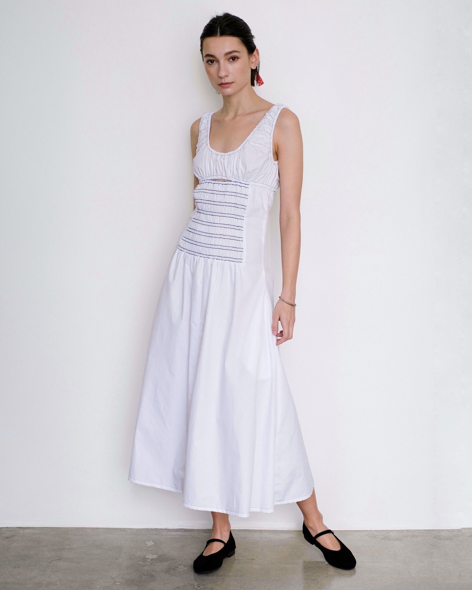 Toit Voilant Bella Smocked Midi Dress in White