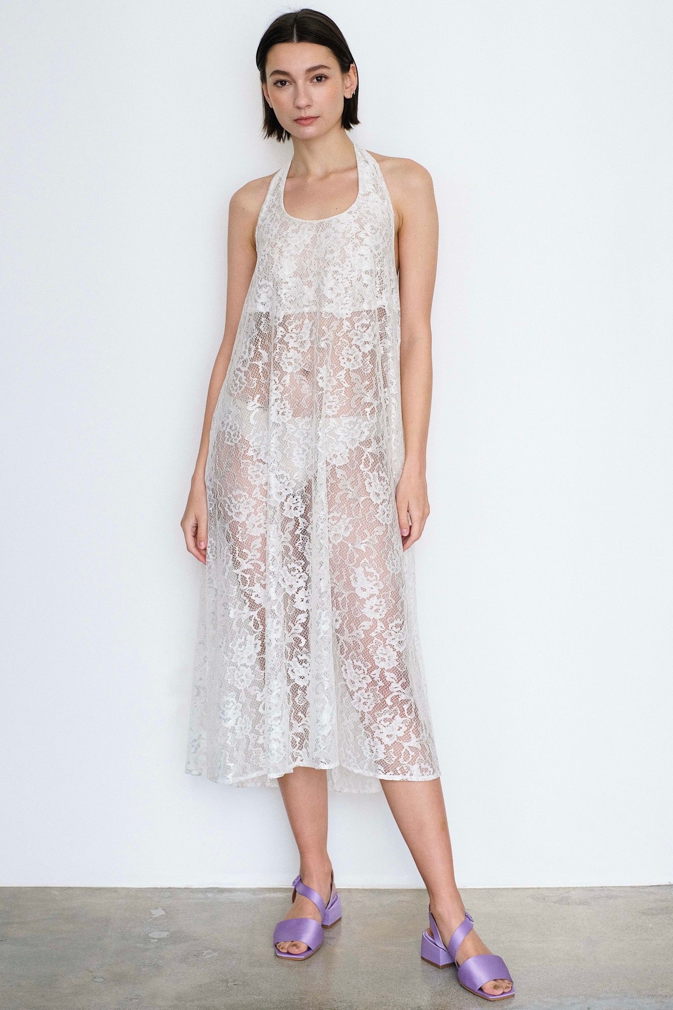 Toit Voilant Halter Midi Dress in White Lace 