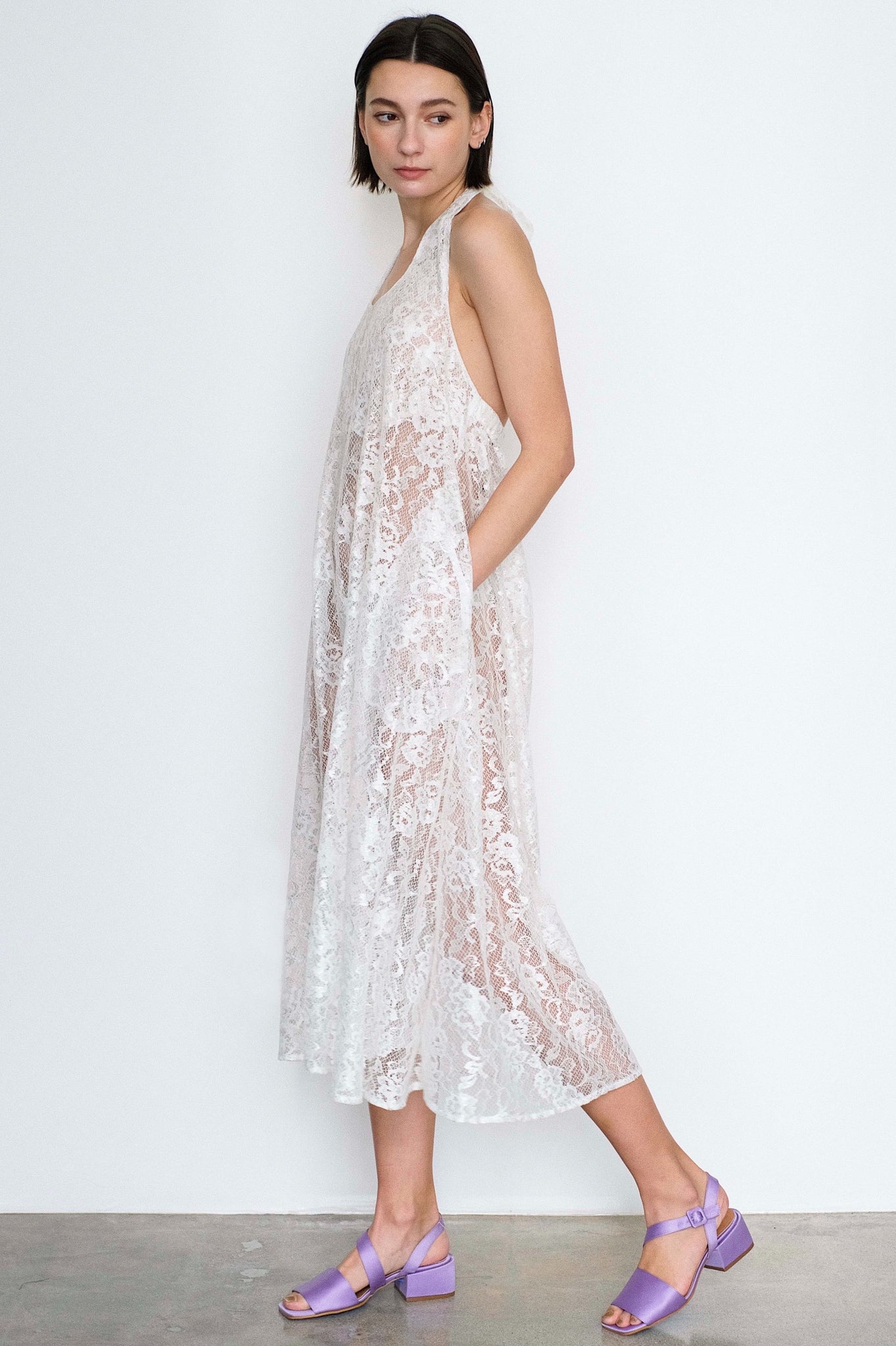 Toit Voilant Halter Midi Dress in White Lace 