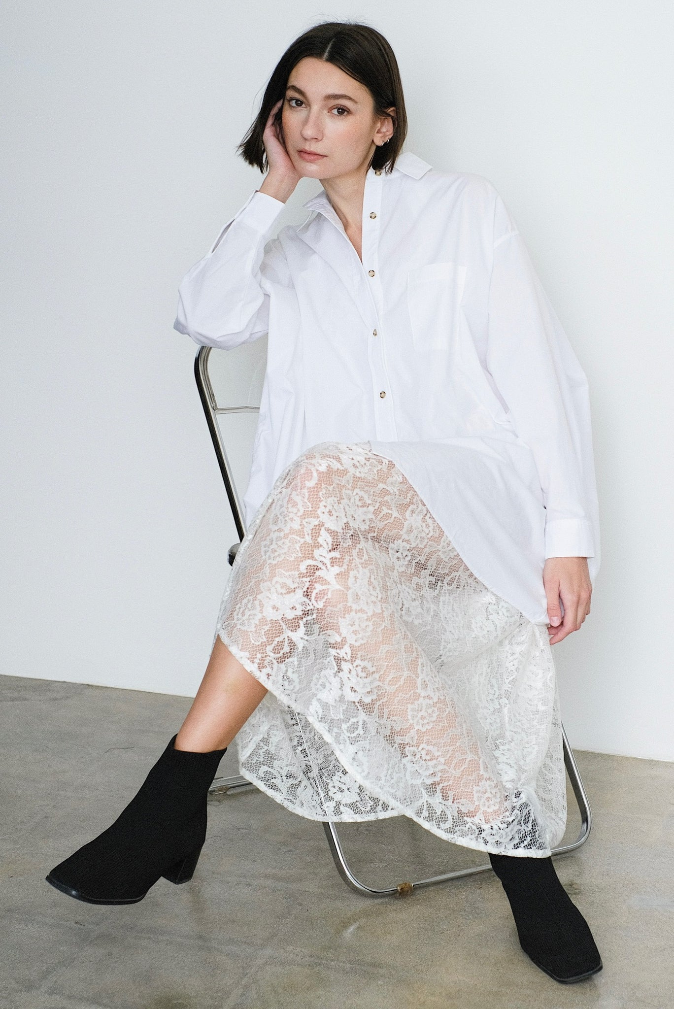 Toit Voilant Halter Midi Dress in White Lace 